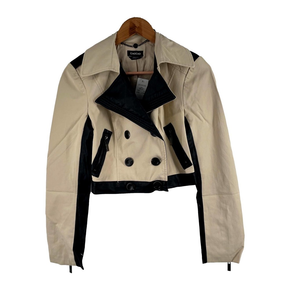 Bebe Cropped DB Contrast Twill & Vegan Leather Jacket Size Extra Small NWT - Picture 1 of 8